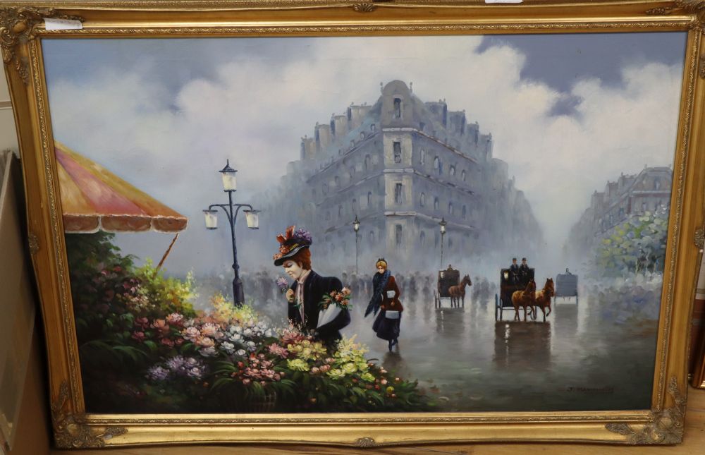 After Jean Mannheim (1863-1945), oil on canvas, French flower market, signed, 60 x 90cm